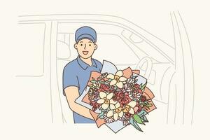 levering Mens houdt mooi bloemen staand in de buurt auto voor vervoeren boeketten besteld in online op te slaan. mannetje koerier leveren bloemen net zo verrassing voor verjaardag of verjaardag met vriendje vector