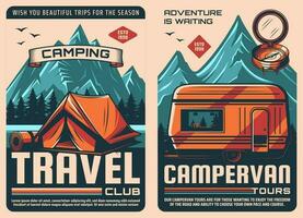 reis, camping busje retro affiches, buitenshuis toerisme vector