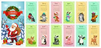 maandelijks kalender. de kerstman, Kerstmis geschenken, dieren vector