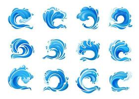 tsunami oceaan Golf, zee storm en surfen pictogrammen vector