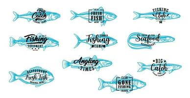 visvangst club, vis markt en zeevruchten symbolen vector
