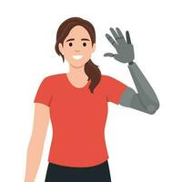 gelukkig meisje golven prothese hand- naar demonstreren nieuw mechanisch robot hand- gemaakt Aan basis van vernieuwend technologieën. vrouw wie verloren arm in auto Botsing of in ongeluk groeten u met nieuw prothese vector