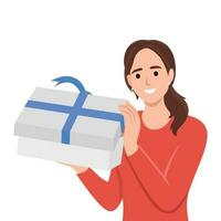 verliet gelukkig vrolijk jong vrouw krijgen Open geschenk doos gemakkelijk Koreaans stijl illustratie vector