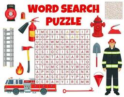brandweerman uitrusting Aan woord zoeken puzzel spel vector