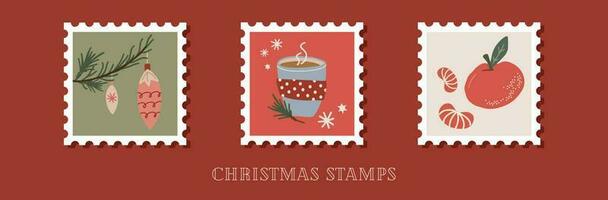 hand- getrokken verzameling van Kerstmis port postzegels in retro stijl vector