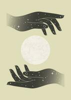 nacht lucht maan in handen mysticus poster illustratie. tarot kaart minimalistische vector illustratie. esthetisch vol maan en middernacht afdrukken Boheems kunstwerk, vector