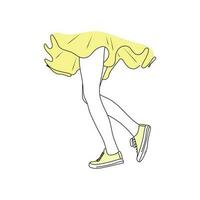 vrouw wandelen poten in geel schoenen. meisje dansen in jurk. hand- getrokken vector illustratie.