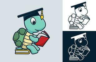 grappig schildpad vervelend diploma uitreiking hoed zittend Aan boek terwijl lezing boek. vector tekenfilm illustratie in vlak icoon stijl