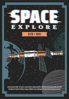ruimte exploratie station en planeten retro poster vector