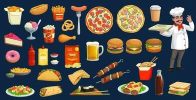 snel voedsel, drankje, desserts met chef tekenfilm reeks vector