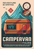 camper busje en camping aanhangwagens tours retro poster vector