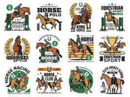paard racen, ruiter sport en polo club pictogrammen vector