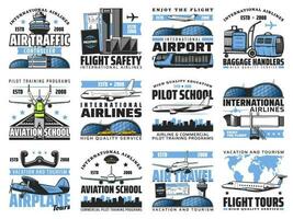 luchthaven en luchtvaart vlucht onderhoud vector pictogrammen