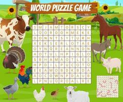boerderij dieren Aan woord zoeken puzzel spel werkblad vector