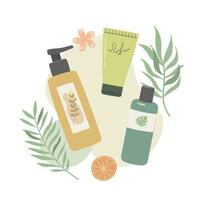 flessen en buizen natuurlijk kunstmatig hand- getrokken vector illustratie. vrouw spullen, biologisch gezicht en lichaam zorg producten in vlak stijl. room, shampoo, lotion, kruiden en bladeren.