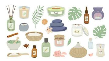 verzameling van aromatherapie en spa accessoires geïsoleerd Aan wit achtergrond. geparfumeerd kaarsen, aroma verdeler met stokken, lamp, massage stenen, essentieel olie, zout en kruid vector illustratie