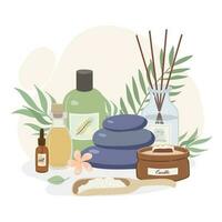 spa, massage, aromatherapie accessoires, essentieel oliën, kaarsen vector illustratie. cosmetica, accessoires voor ontspanning, huid zorg elementen Aan wit achtergrond.