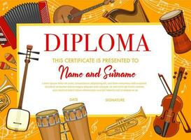 onderwijs kinderen diploma met musical instrumenten vector