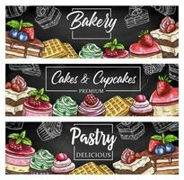 cakes toetjes, bakkerij winkel gebakje snoepgoed banners vector
