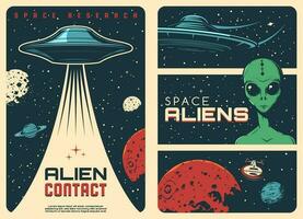 buitenaards wezen contact, ufo ruimteschip wijnoogst banners vector