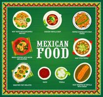 Mexicaans keuken borden, voedsel menu taco's en vlees vector