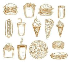 snel voedsel schetsen pictogrammen, hamburger, Hamburger belegd broodje vector