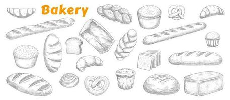 bakkerij, gebakje en brood schetsen reeks vector