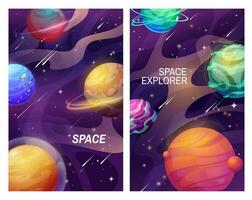 ruimte en heelal universum planeten, tekenfilm banners vector