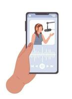 Holding smartphone met podcast app semi vlak kleur vector eerste visie hand. dichtbij omhoog afbeelding. bewerkbare icoon Aan wit. gemakkelijk tekenfilm stijl plek illustratie voor web grafisch ontwerp en animatie