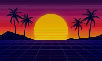 landschap horizon met neon licht rooster, zon en palm bomen. sciencefiction, futuristische illustratie. retrogolf, synthwave of dampgolf 80's vector