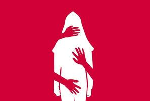 silhouet van vrouw, Intimidatie vector illustratie. handen van Mens aanraken hijab Dames. geweld tegen Dames, werkplaats pesten concept. vlak concept, tekst, blauw, wit, slachtoffer, seksueel, verkrachting