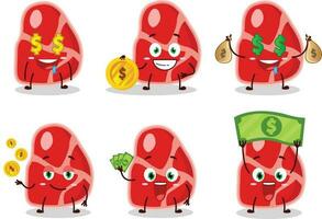 vlees tekenfilm karakter met schattig emoticon brengen geld vector