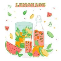 limonade en watermeloen drinken in een kruik en een glas met plakjes van citroen en ijs. vector illustrator