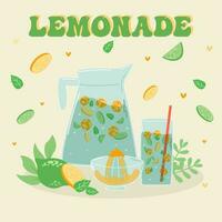limonade en drinken in een kruik en een glas met plakjes van citroen en ijs. vector illustrator