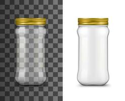 glas kan, realistisch verpakking met deksel, mockup vector