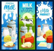 melk voedsel producten van zuivel boerderij, vector banners