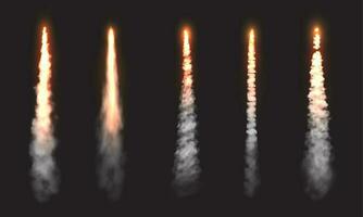 raket brand rook paden, ruimtevaartuig lancering wolken vector