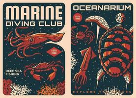 oceaan duiken, zee visvangst en oceanarium posters vector