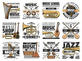 muziek- pictogrammen, concert festival, instrumenten winkel vector