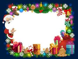 Kerstmis kader van de kerstman geschenken, Kerstmis boom en klok vector