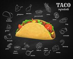 taco's ingrediënten, schoolbord menu snel voedsel vector