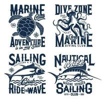nautische marinier t overhemd afdrukken, zee golven, schildpad vector