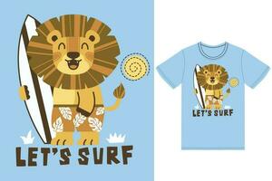 schattig leeuw surfing illustratie met t-shirt ontwerp premie vector