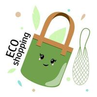 eco zak met bladeren. schattig boodschappen doen tote zak karakter. eco winkelen. leerzaam materiaal voor kinderen. vector tekenfilm illustratie.