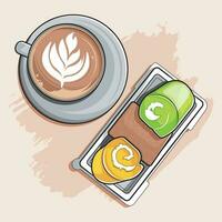 top vlak visie Bij een kop van cappuccino en taart rollen vector illustratie vrij downloaden