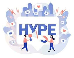 hype marketing. klein mensen in aansluiting op internet trends. sociaal media virale of nep inhoud. bloggers, beroemdheden, beïnvloeders nodig hebben meer houdt van. modern vlak tekenfilm stijl. vector illustratie