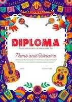 kind diploma, Mexicaans gitaren, maracas en cactus vector