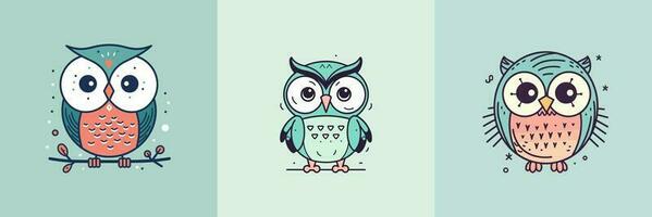 schattig baby uil mascotte kawaii tekenfilm vogel illustratie reeks verzameling vector