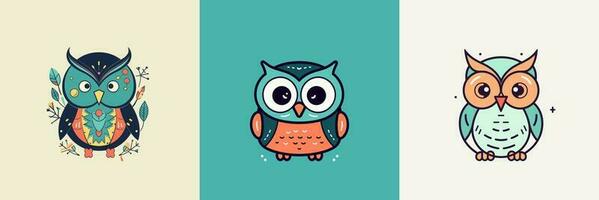 schattig baby uil mascotte kawaii tekenfilm vogel illustratie reeks verzameling vector