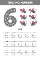 onderwijs spel voor kinderen traceren aantal zes met schattig tekenfilm muis afbeelding afdrukbare dier werkblad vector